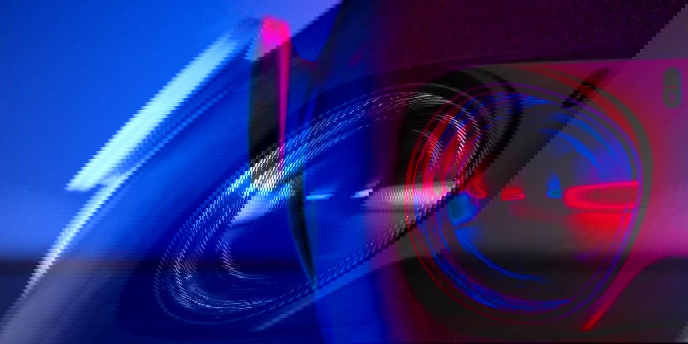 Close up of a VR headset against a blue background