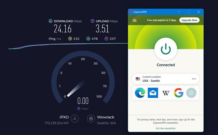 ExpressVPN US server speed test from a location in Asia on Speedtest website.